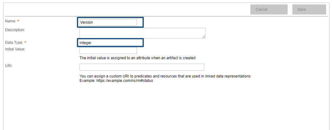 Create Version attribute = set name and data type